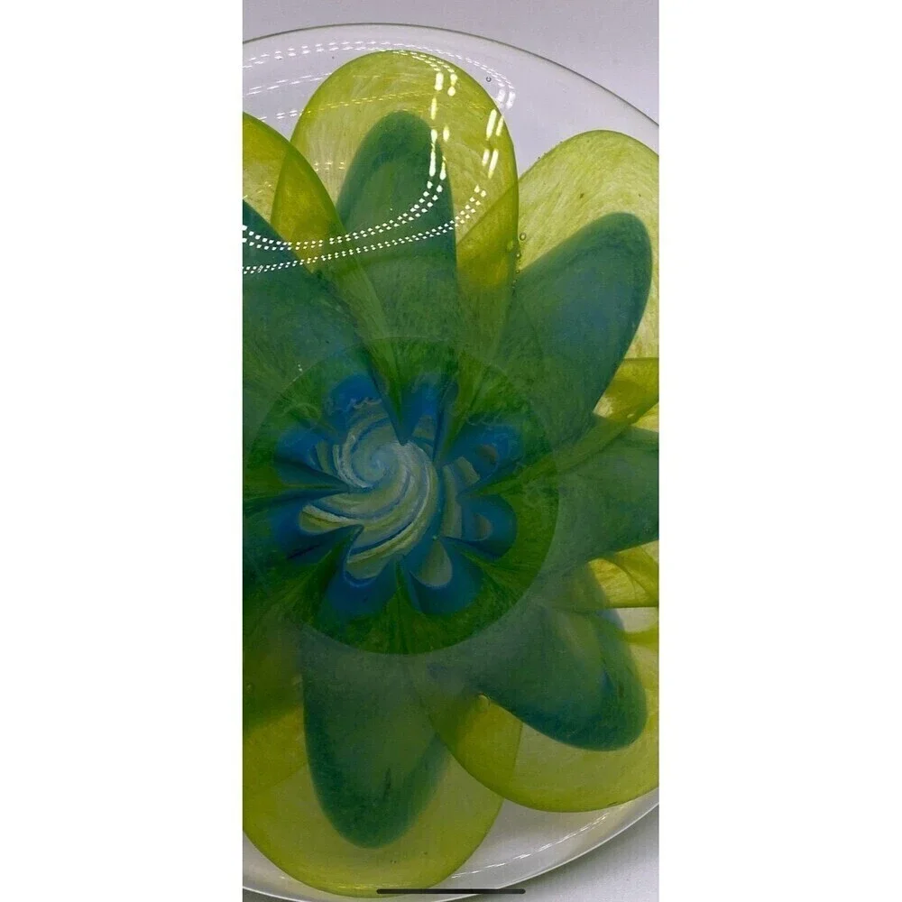 Drew Montesano Signed Handblown Brilliant Green Blue Floral Ring Holder Dish